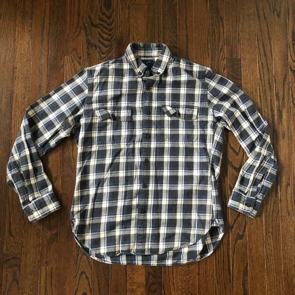 J.Crew Men’s M Blue/Gray/Off-White Plaid Flannel Long-Sleeved Button-Down Shirt